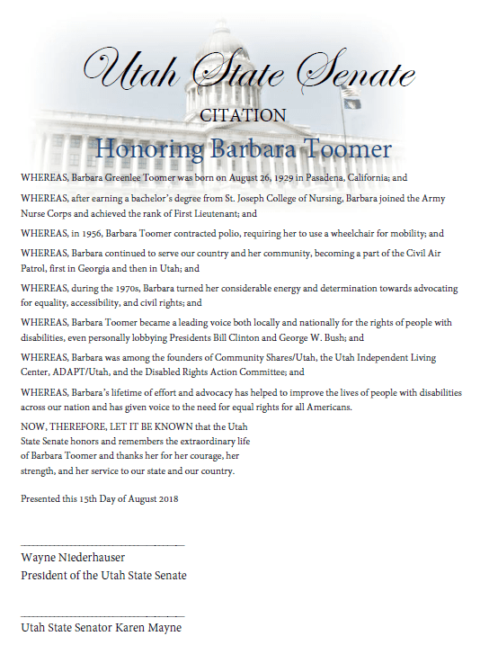 Utah State Senate Proclamation Honoring DRAC Founder Barbara Toomer